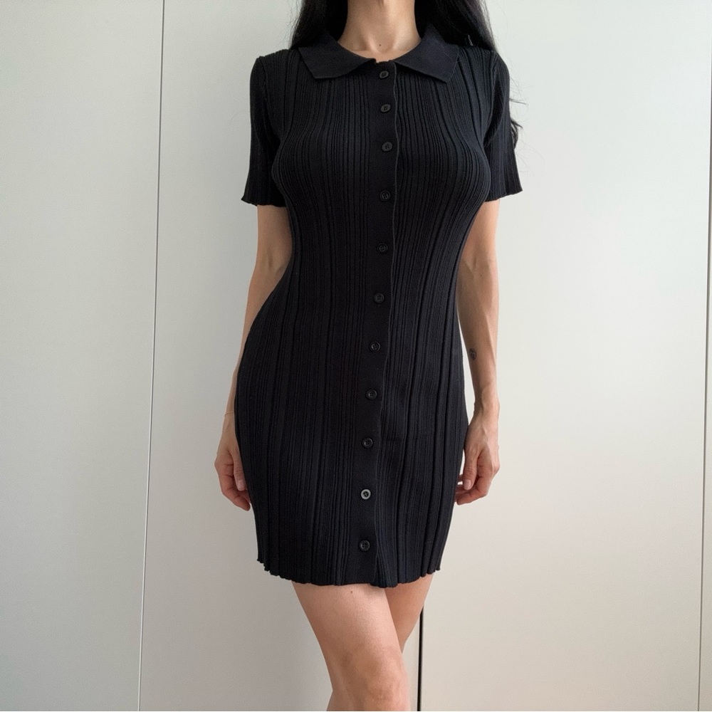 NWT Style Addict knit collared button down mini dress black XS
